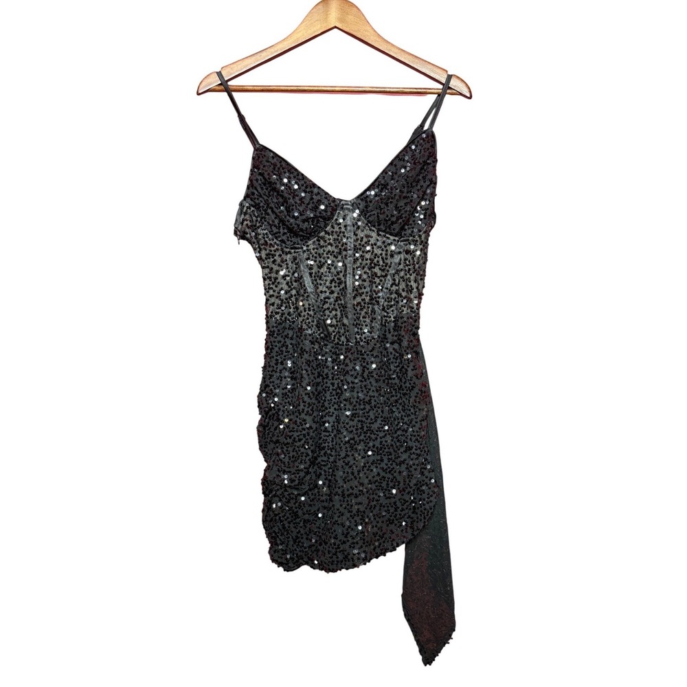SHEIN Women Size Large Black Sequin Corset Mini Dress Sheer Mesh Side Sash Party - Picture 4 of 10
